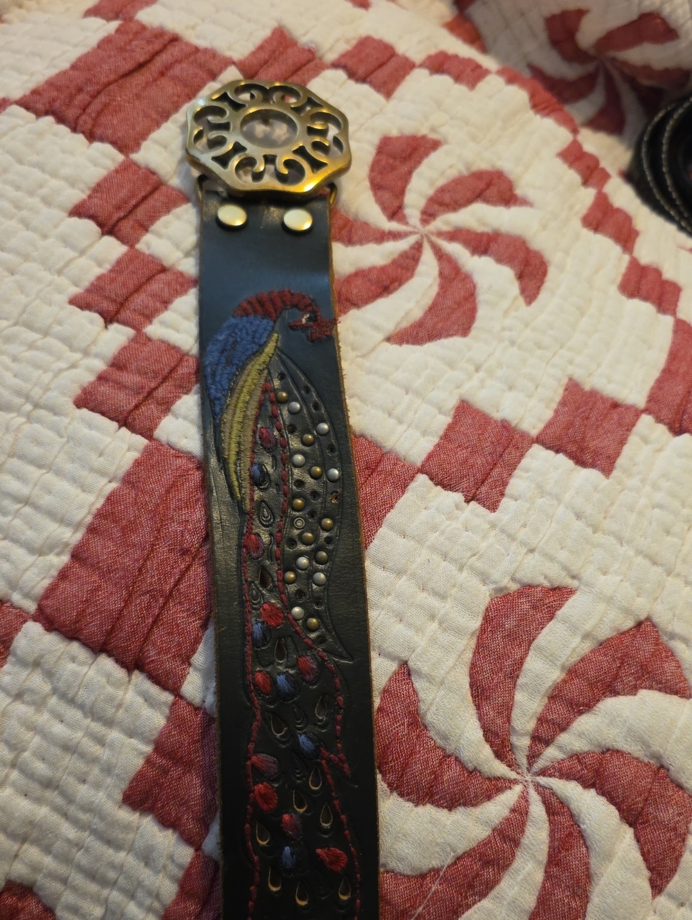 Women Lucky Brand Black Leather Belt with Embroidered Peacock Down Belt